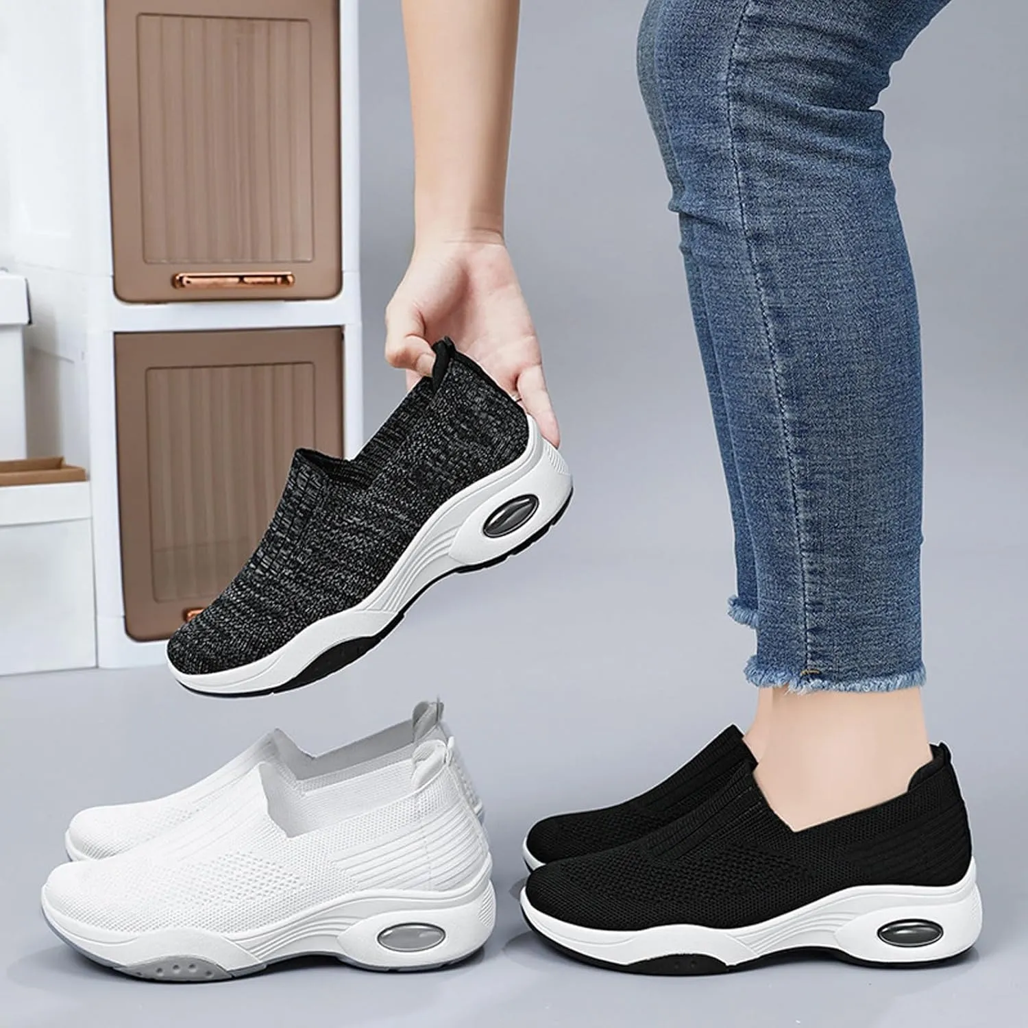 Aceptolcom Women Walking Shoes Sock Sneakers Slip-On Breathable Mesh Trainers Women's Comfortable Casual Ladies Air Cushion Athletic Shoes Running Jogging Shoes