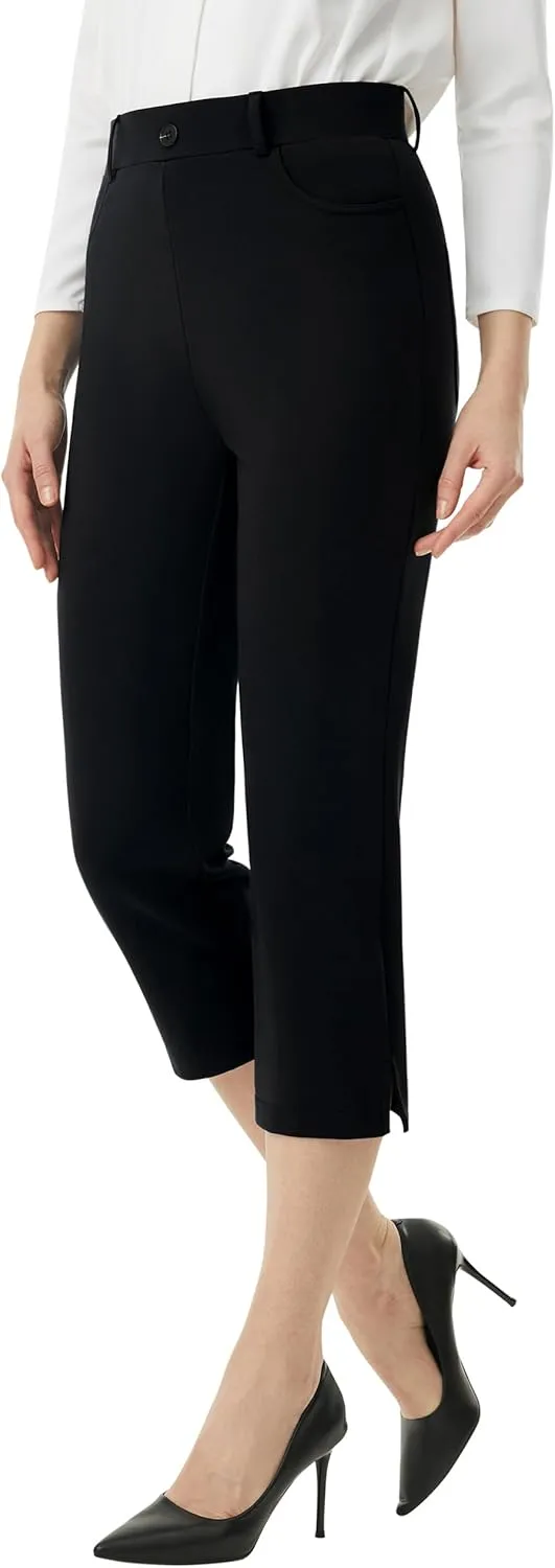 AFITNE Women's Pull On Capri Pants Dress Yoga Pants with Pockets High Waist Stretch Business Work Casual Cropped Slacks 21"
