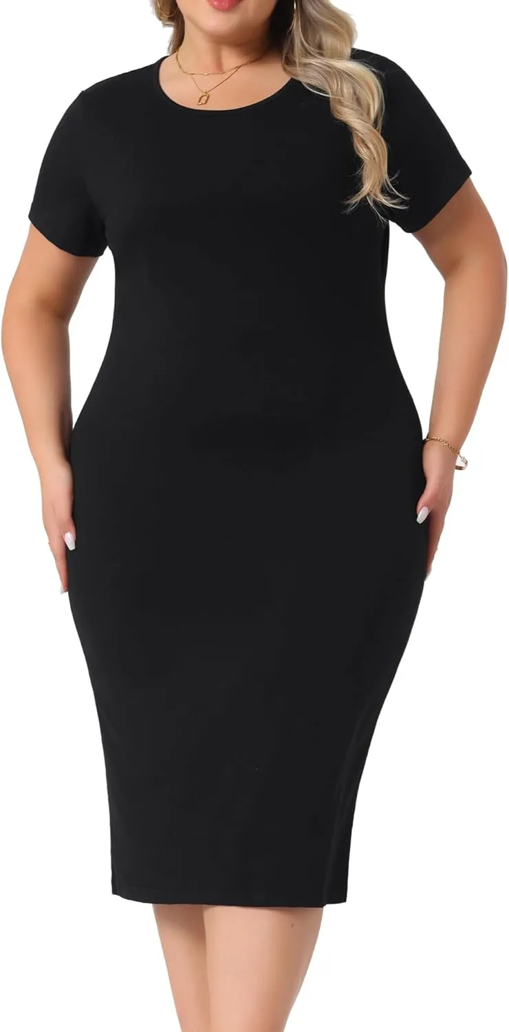 Agnes Orinda Plus Size Women's Short Sleeve Crew Neck Casual Sundress Midi Bodycon Casual t Shirt Dress