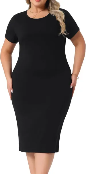 Agnes Orinda Plus Size Women's Short Sleeve Crew Neck Casual Sundress Midi Bodycon Casual t Shirt Dress