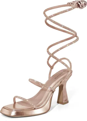 ALICEPUB Rose Gold Strappy Heels Rhinestone Lace Up Heels 3 Inch Chunky Block Heels Square Toe Heels Platform Heeled Sandals for Prom Birthday, Size 8.5
