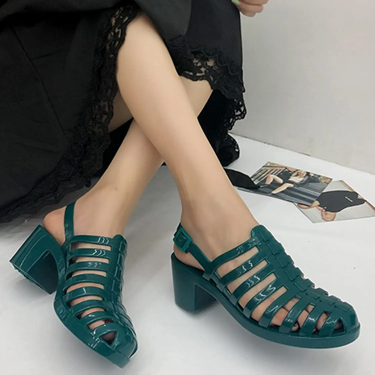 AngryMonkey Women's Crystal Jelly High Heel Sandals,Summer New Baotou Slingback Ankle Strap Sheer Fisherman Beach Shoes