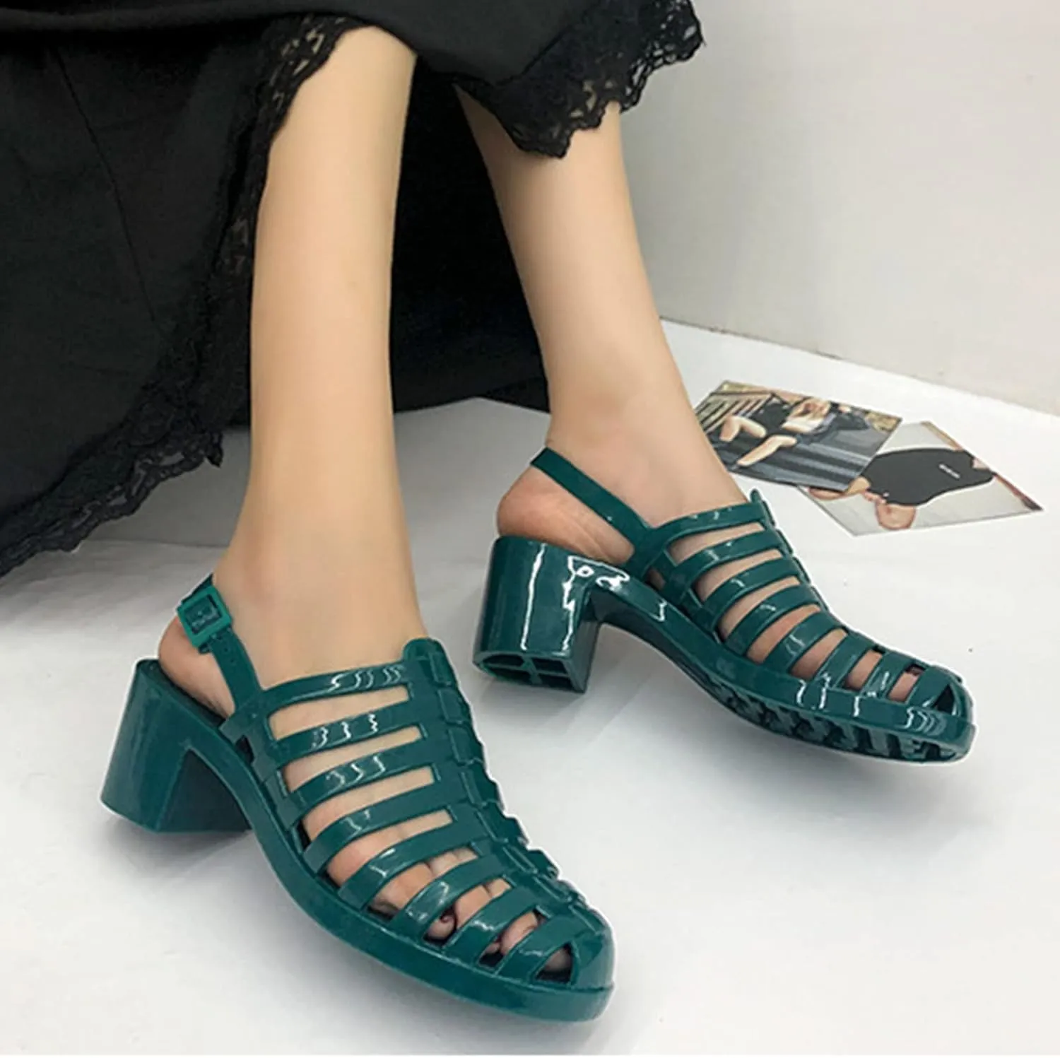 AngryMonkey Women's Crystal Jelly High Heel Sandals,Summer New Baotou Slingback Ankle Strap Sheer Fisherman Beach Shoes