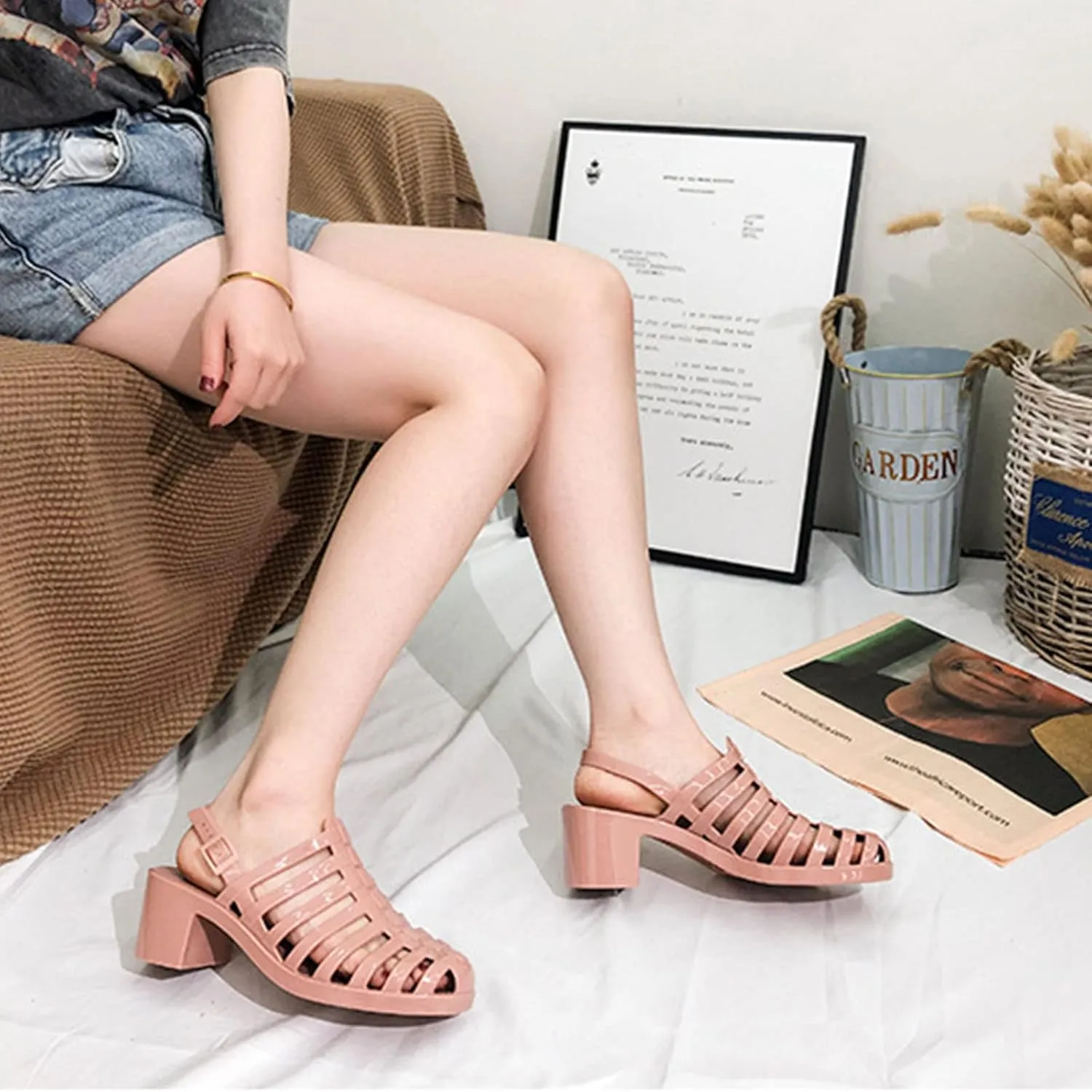 AngryMonkey Women's Crystal Jelly High Heel Sandals,Summer New Baotou Slingback Ankle Strap Sheer Fisherman Beach Shoes