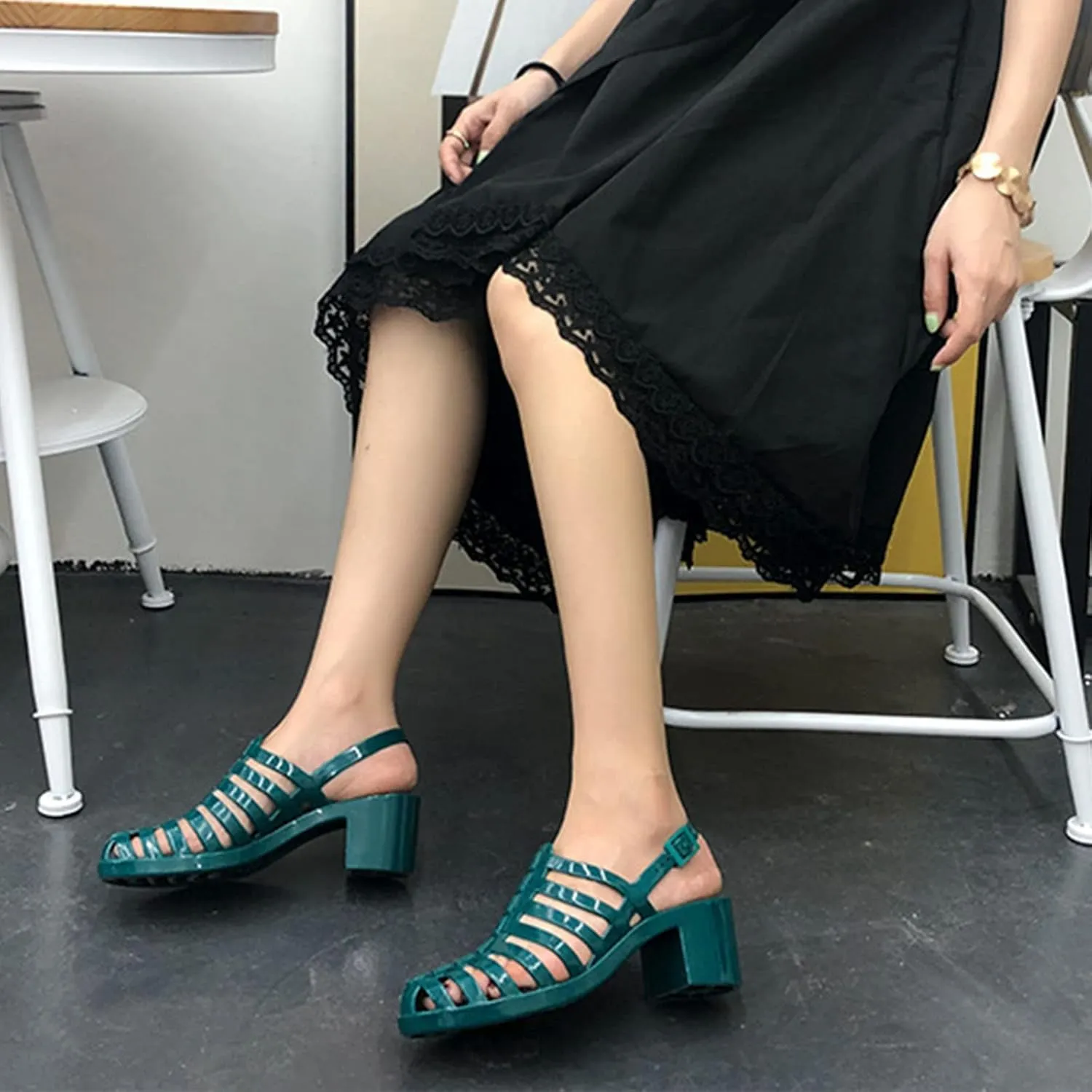 AngryMonkey Women's Crystal Jelly High Heel Sandals,Summer New Baotou Slingback Ankle Strap Sheer Fisherman Beach Shoes