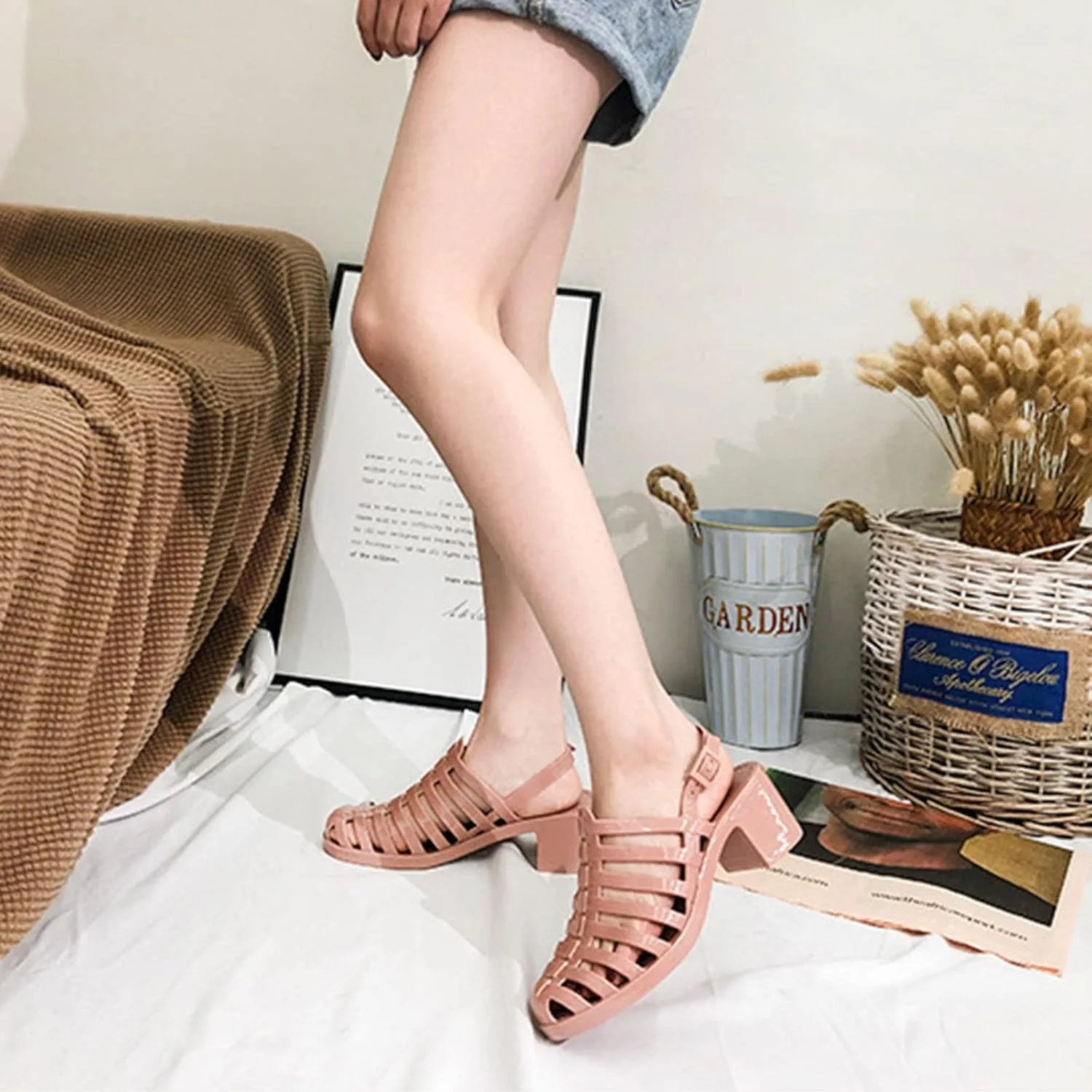 AngryMonkey Women's Crystal Jelly High Heel Sandals,Summer New Baotou Slingback Ankle Strap Sheer Fisherman Beach Shoes