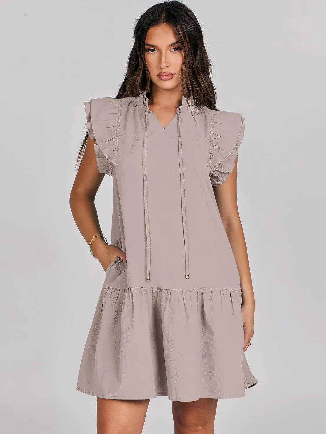 ANRABESS Womens Summer V-Neck Drawstring Ruffle Cap Short Sleeve Casual Shift Mini Dress with Pockets