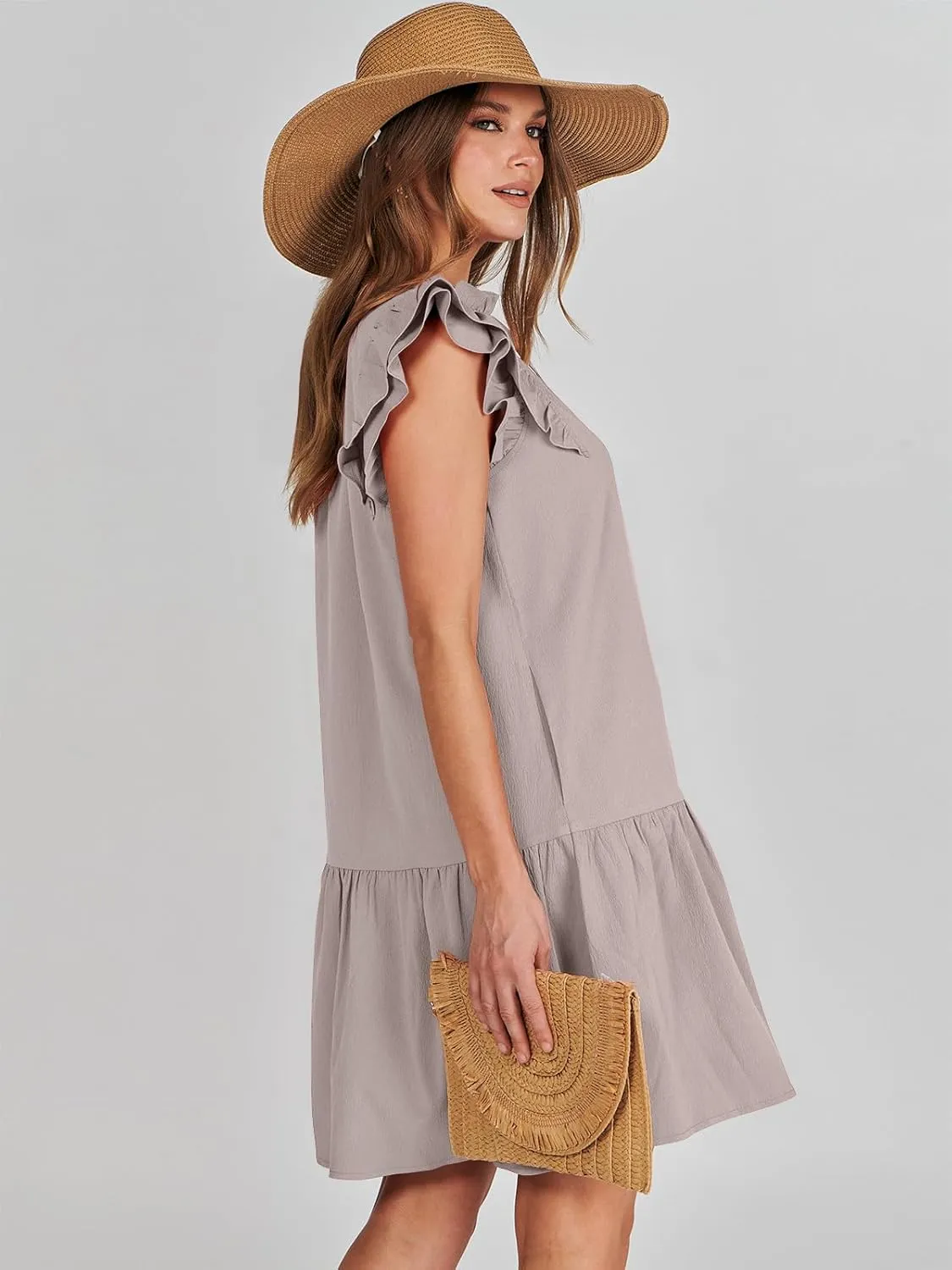 ANRABESS Womens Summer V-Neck Drawstring Ruffle Cap Short Sleeve Casual Shift Mini Dress with Pockets