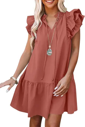ANRABESS Womens Summer V-Neck Drawstring Ruffle Cap Short Sleeve Casual Shift Mini Dress with Pockets