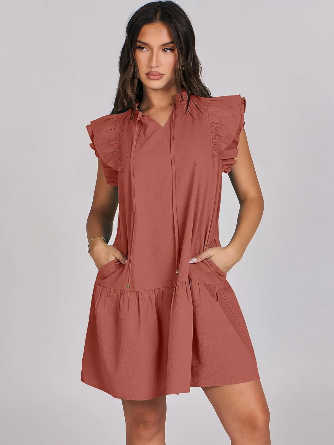 ANRABESS Womens Summer V-Neck Drawstring Ruffle Cap Short Sleeve Casual Shift Mini Dress with Pockets