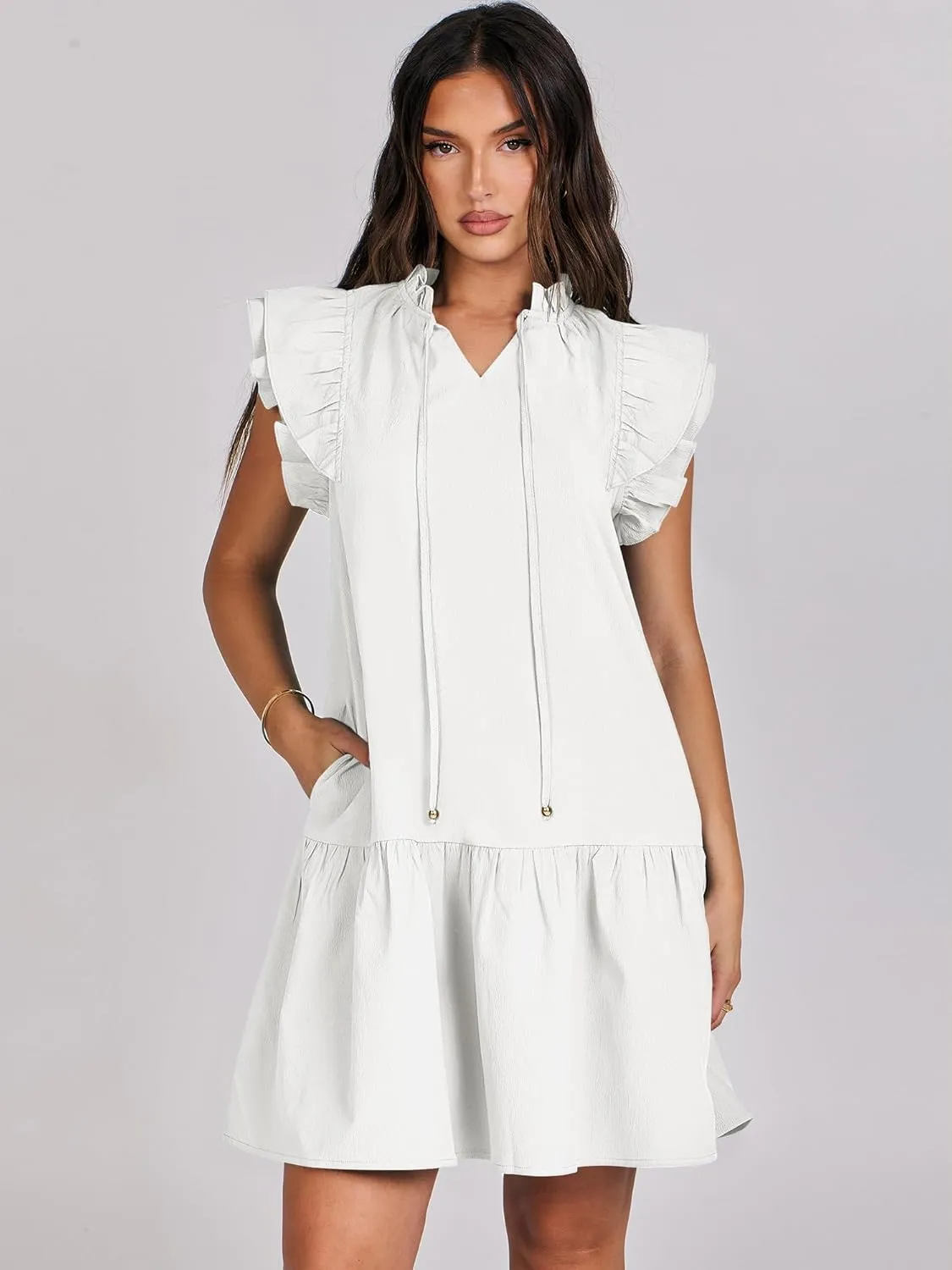 ANRABESS Womens Summer V-Neck Drawstring Ruffle Cap Short Sleeve Casual Shift Mini Dress with Pockets
