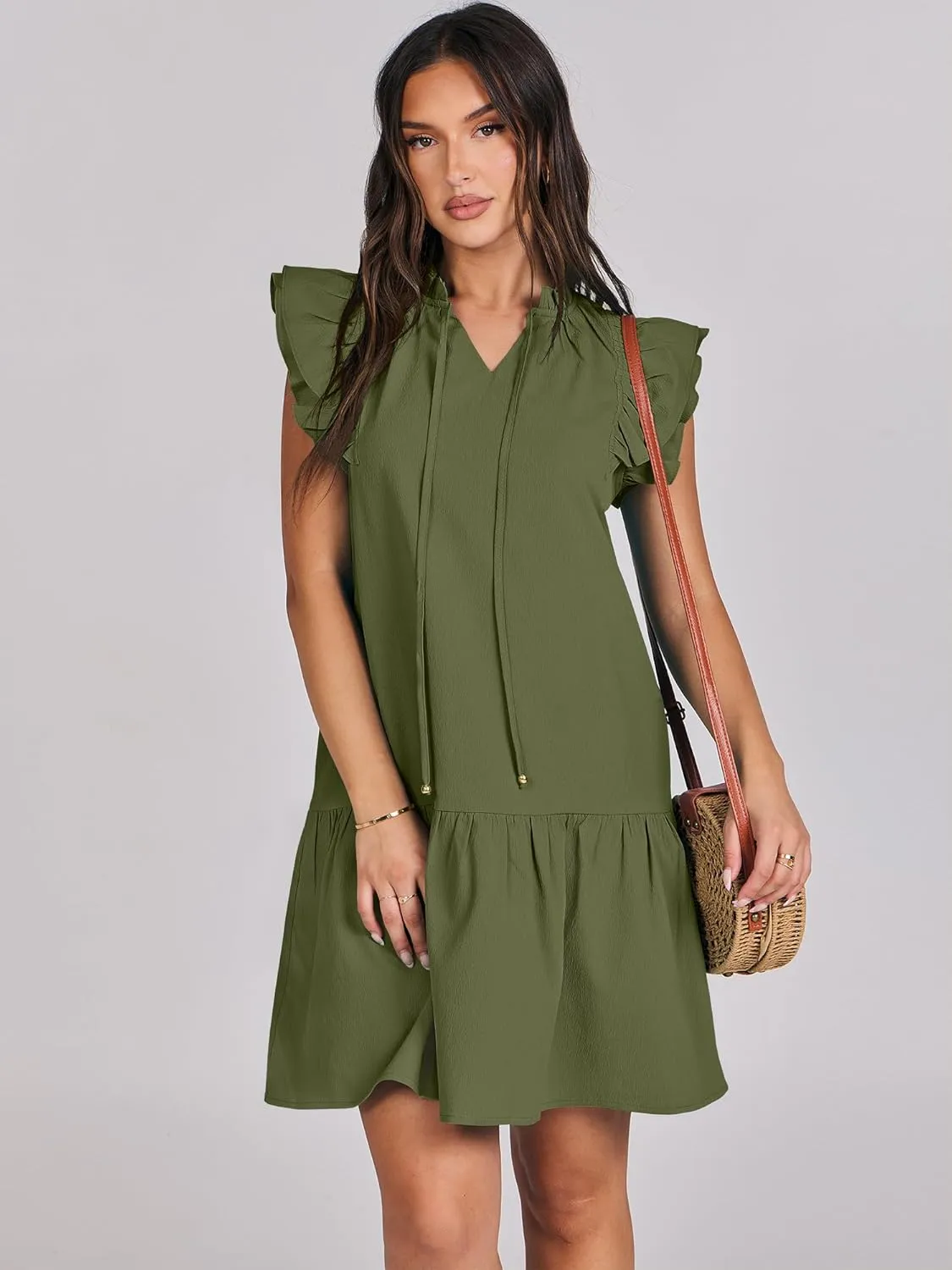 ANRABESS Womens Summer V-Neck Drawstring Ruffle Cap Short Sleeve Casual Shift Mini Dress with Pockets