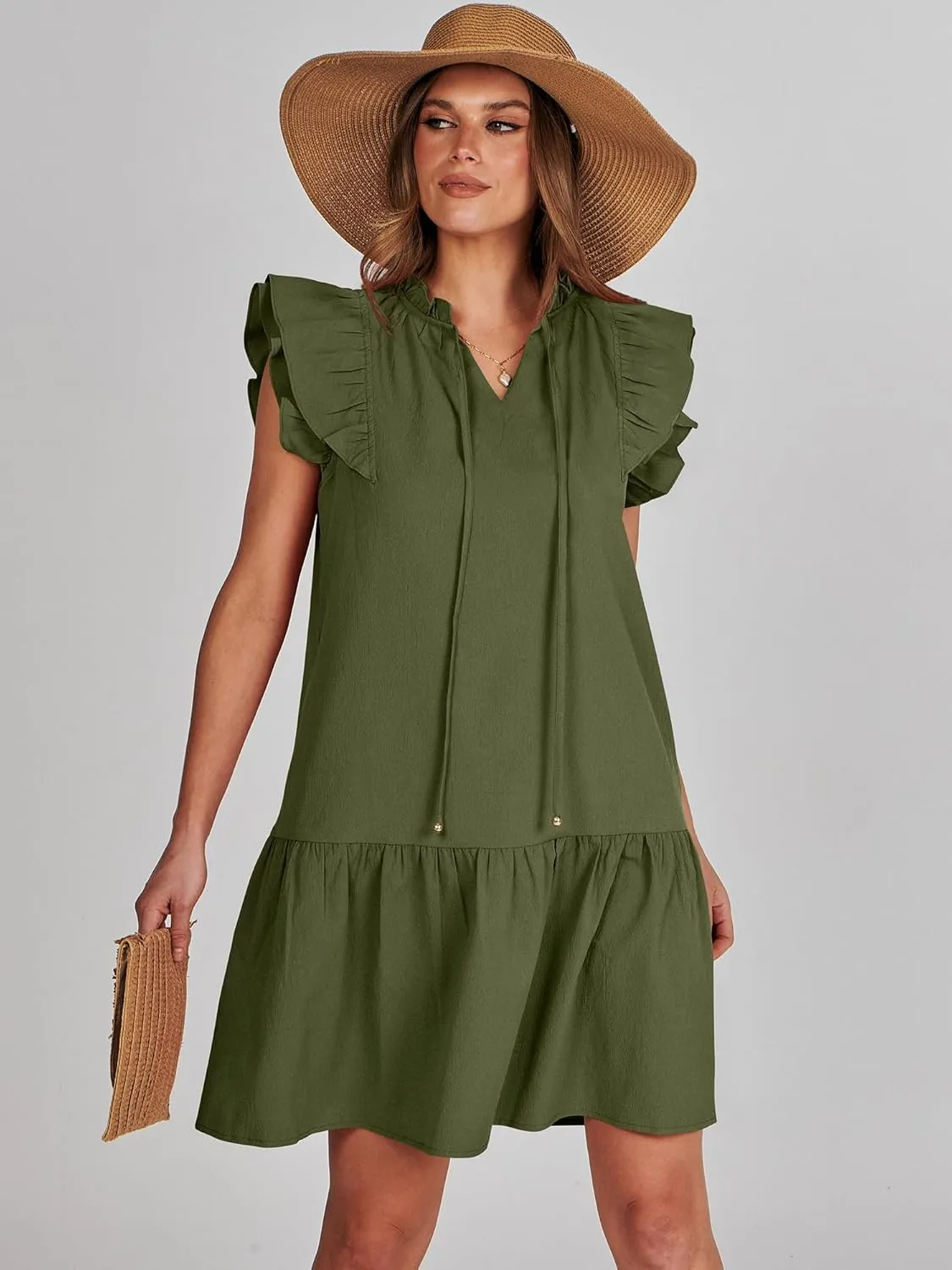 ANRABESS Womens Summer V-Neck Drawstring Ruffle Cap Short Sleeve Casual Shift Mini Dress with Pockets