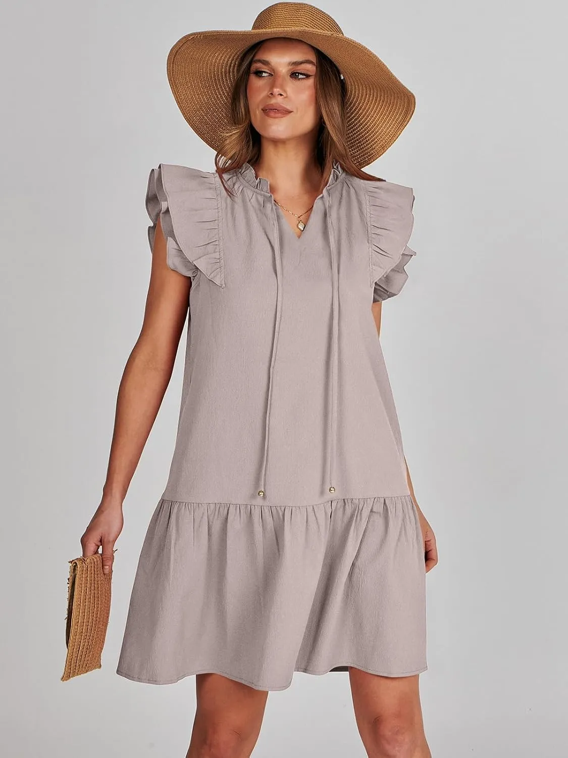 ANRABESS Womens Summer V-Neck Drawstring Ruffle Cap Short Sleeve Casual Shift Mini Dress with Pockets