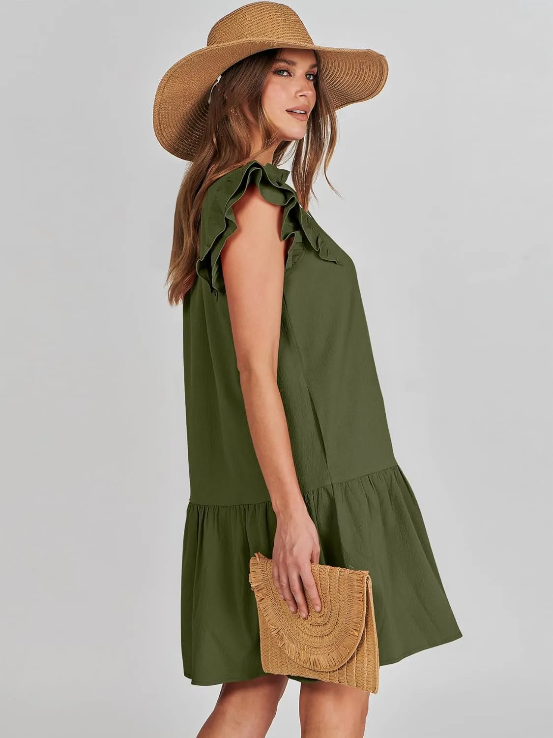 ANRABESS Womens Summer V-Neck Drawstring Ruffle Cap Short Sleeve Casual Shift Mini Dress with Pockets