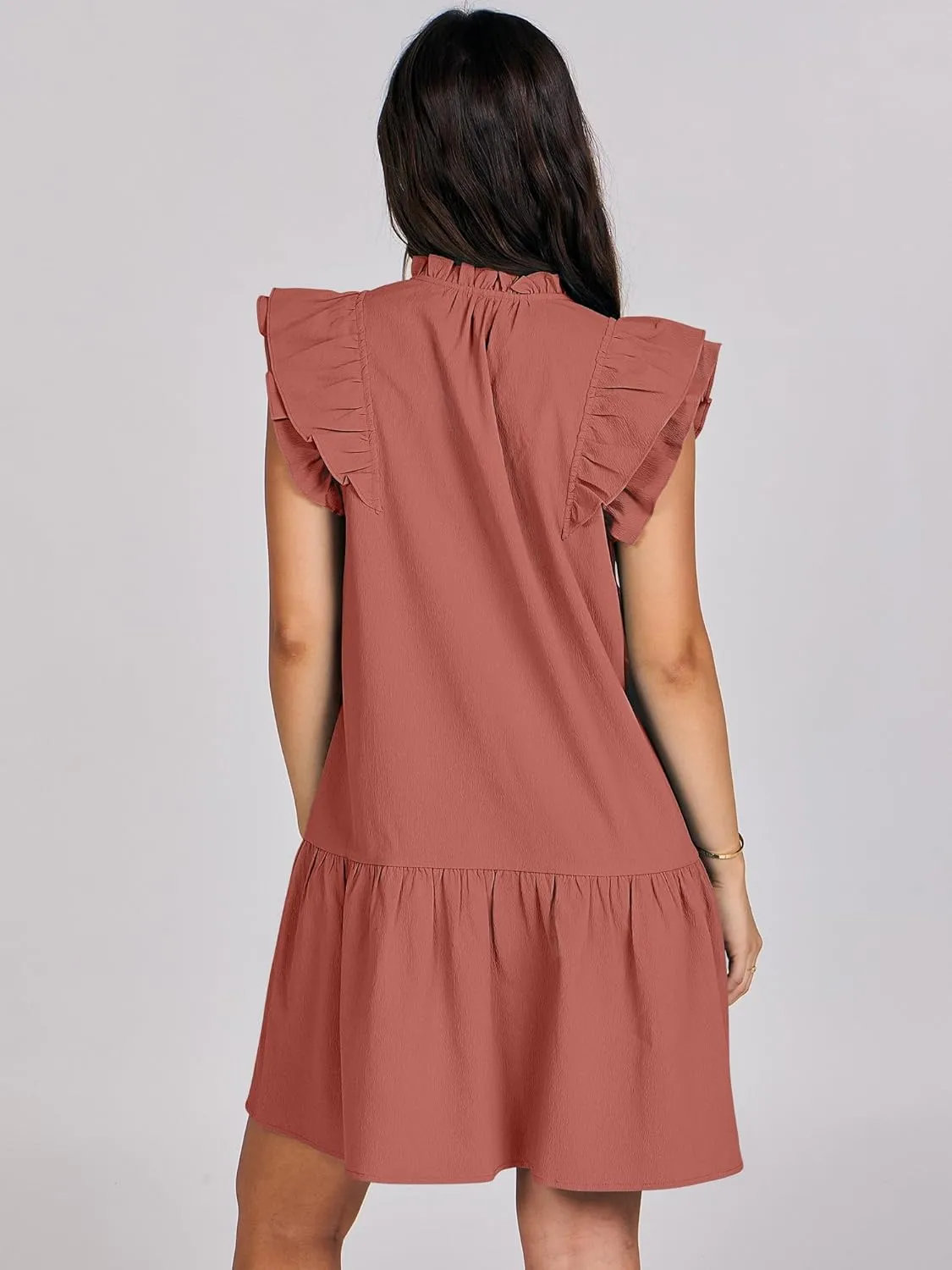 ANRABESS Womens Summer V-Neck Drawstring Ruffle Cap Short Sleeve Casual Shift Mini Dress with Pockets