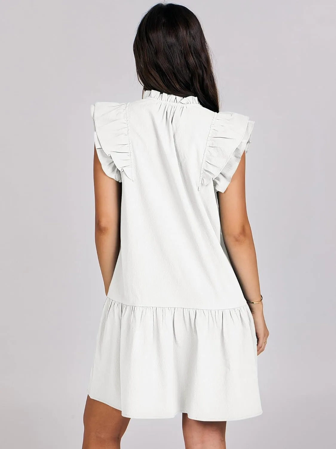 ANRABESS Womens Summer V-Neck Drawstring Ruffle Cap Short Sleeve Casual Shift Mini Dress with Pockets