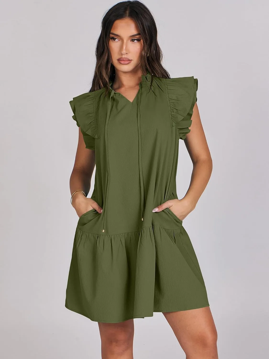ANRABESS Womens Summer V-Neck Drawstring Ruffle Cap Short Sleeve Casual Shift Mini Dress with Pockets