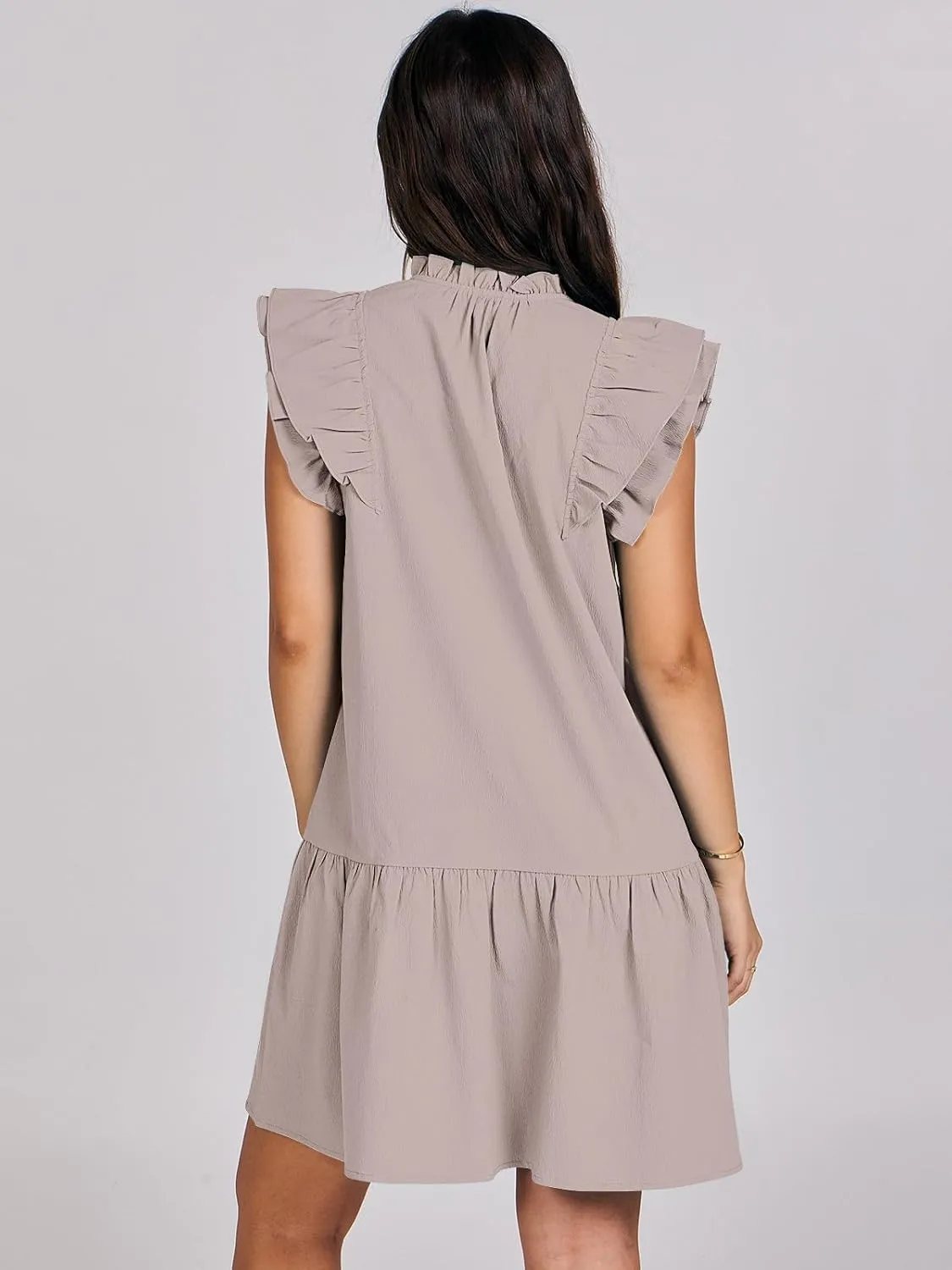 ANRABESS Womens Summer V-Neck Drawstring Ruffle Cap Short Sleeve Casual Shift Mini Dress with Pockets