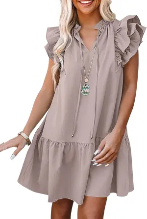 ANRABESS Womens Summer V-Neck Drawstring Ruffle Cap Short Sleeve Casual Shift Mini Dress with Pockets