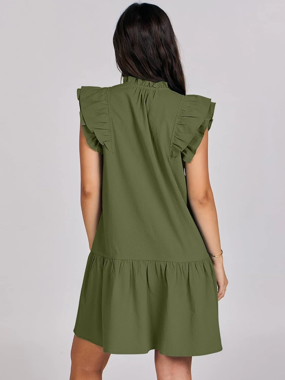 ANRABESS Womens Summer V-Neck Drawstring Ruffle Cap Short Sleeve Casual Shift Mini Dress with Pockets