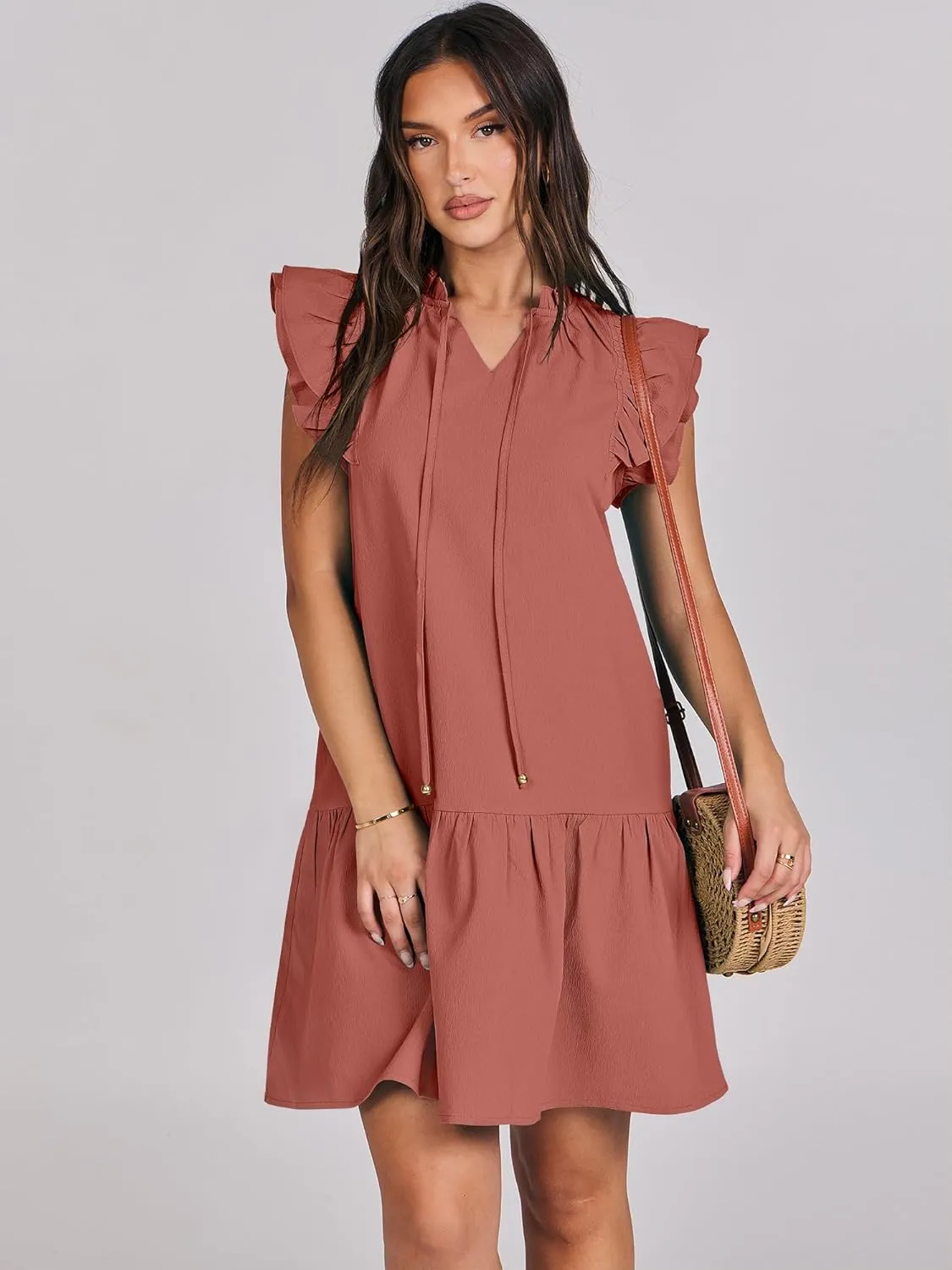 ANRABESS Womens Summer V-Neck Drawstring Ruffle Cap Short Sleeve Casual Shift Mini Dress with Pockets