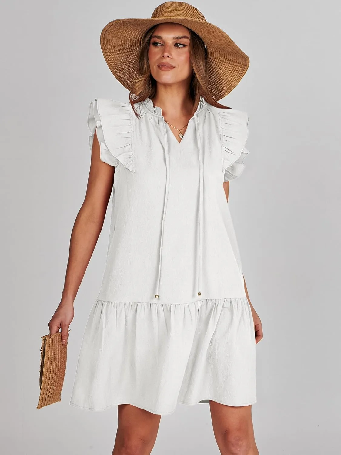 ANRABESS Womens Summer V-Neck Drawstring Ruffle Cap Short Sleeve Casual Shift Mini Dress with Pockets