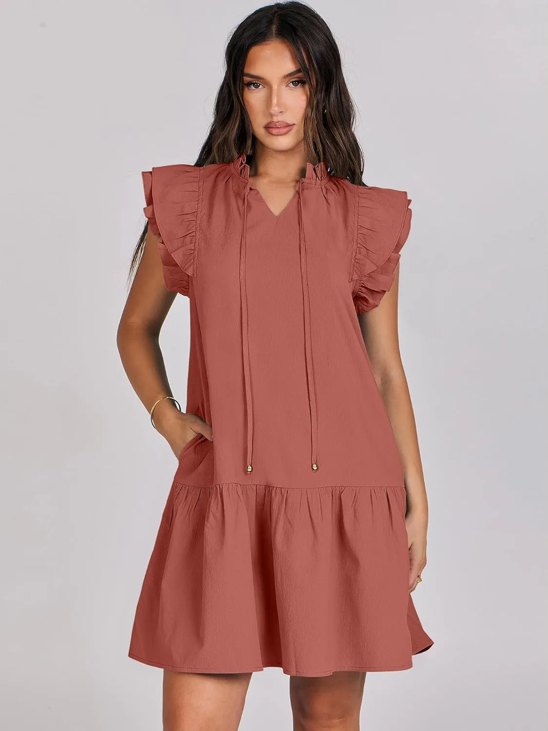 ANRABESS Womens Summer V-Neck Drawstring Ruffle Cap Short Sleeve Casual Shift Mini Dress with Pockets
