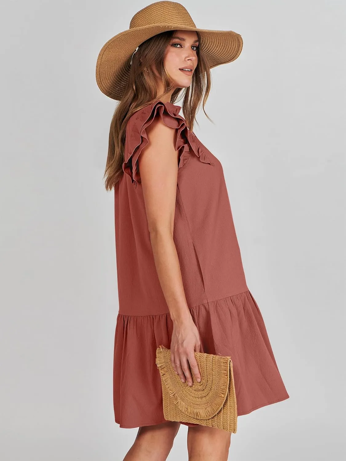 ANRABESS Womens Summer V-Neck Drawstring Ruffle Cap Short Sleeve Casual Shift Mini Dress with Pockets
