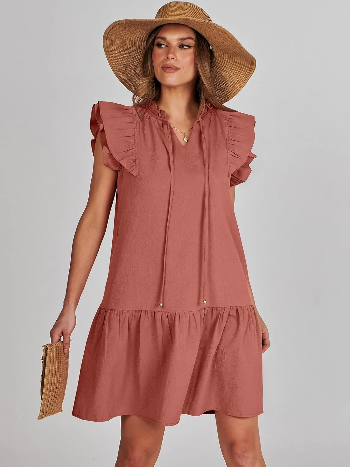 ANRABESS Womens Summer V-Neck Drawstring Ruffle Cap Short Sleeve Casual Shift Mini Dress with Pockets