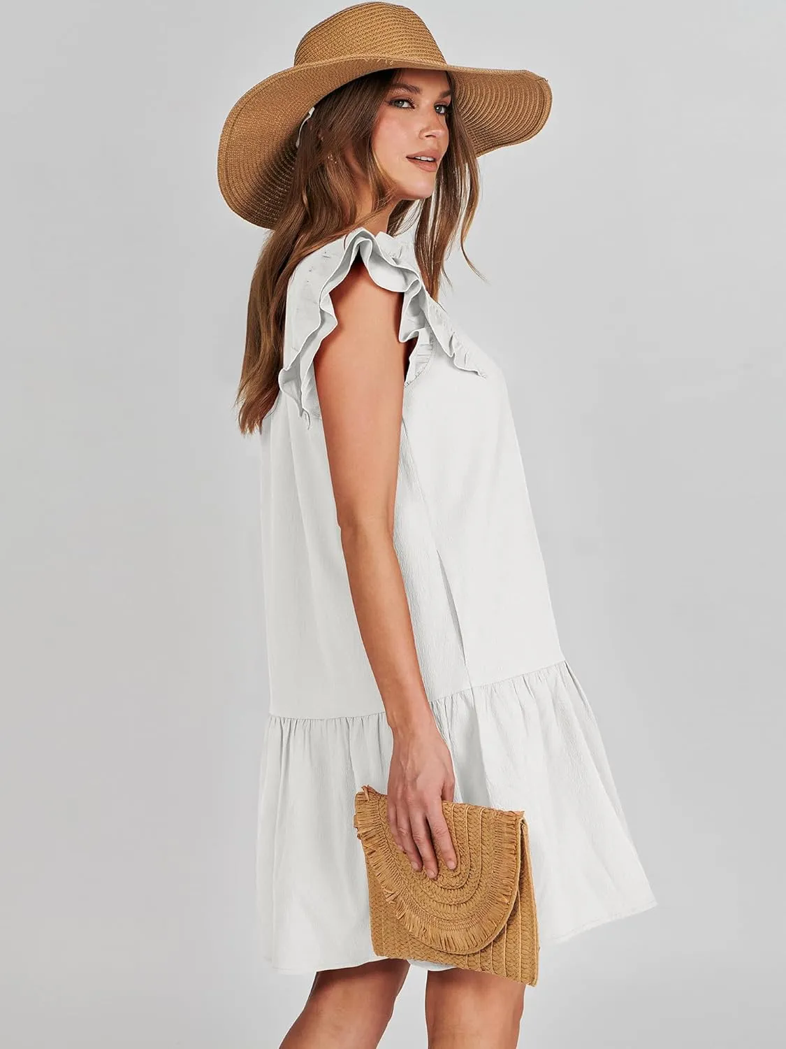ANRABESS Womens Summer V-Neck Drawstring Ruffle Cap Short Sleeve Casual Shift Mini Dress with Pockets