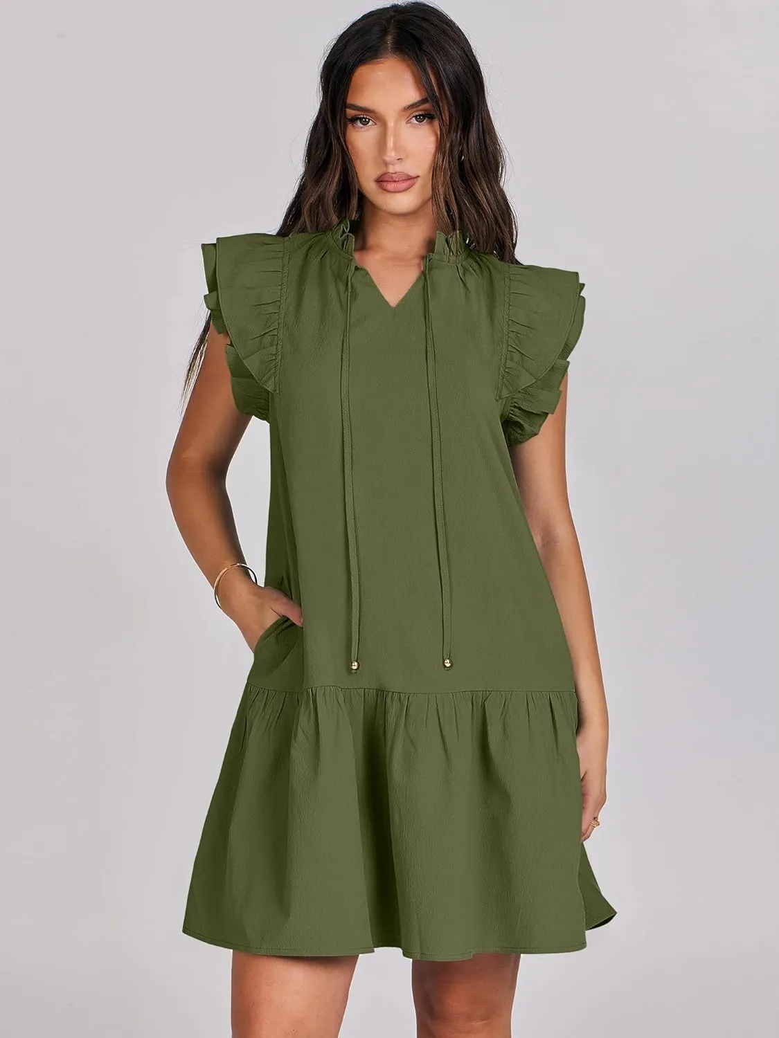 ANRABESS Womens Summer V-Neck Drawstring Ruffle Cap Short Sleeve Casual Shift Mini Dress with Pockets