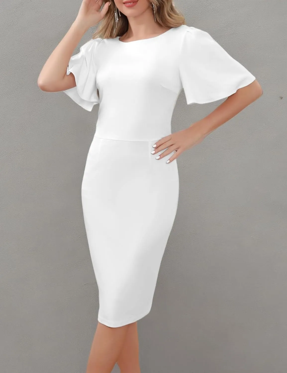 Aphratti Women's Short Sleeve Work Sheath Midi Dress Elegant Fitted Cocktail Party Church Funeral Outfit