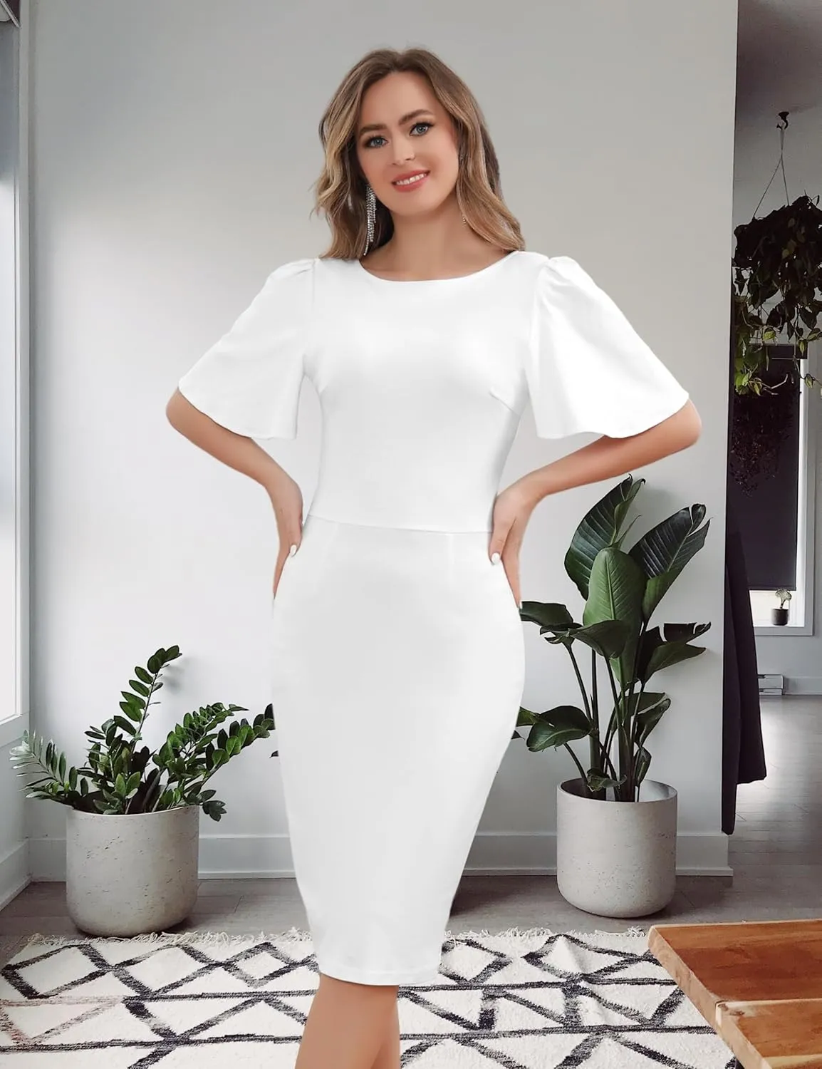 Aphratti Women's Short Sleeve Work Sheath Midi Dress Elegant Fitted Cocktail Party Church Funeral Outfit