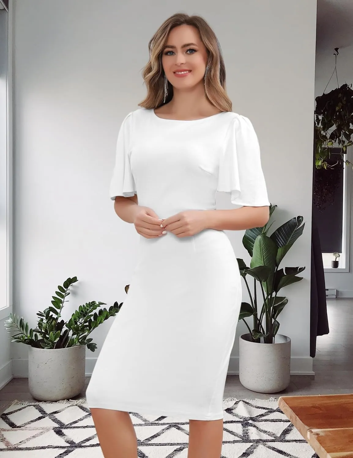 Aphratti Women's Short Sleeve Work Sheath Midi Dress Elegant Fitted Cocktail Party Church Funeral Outfit