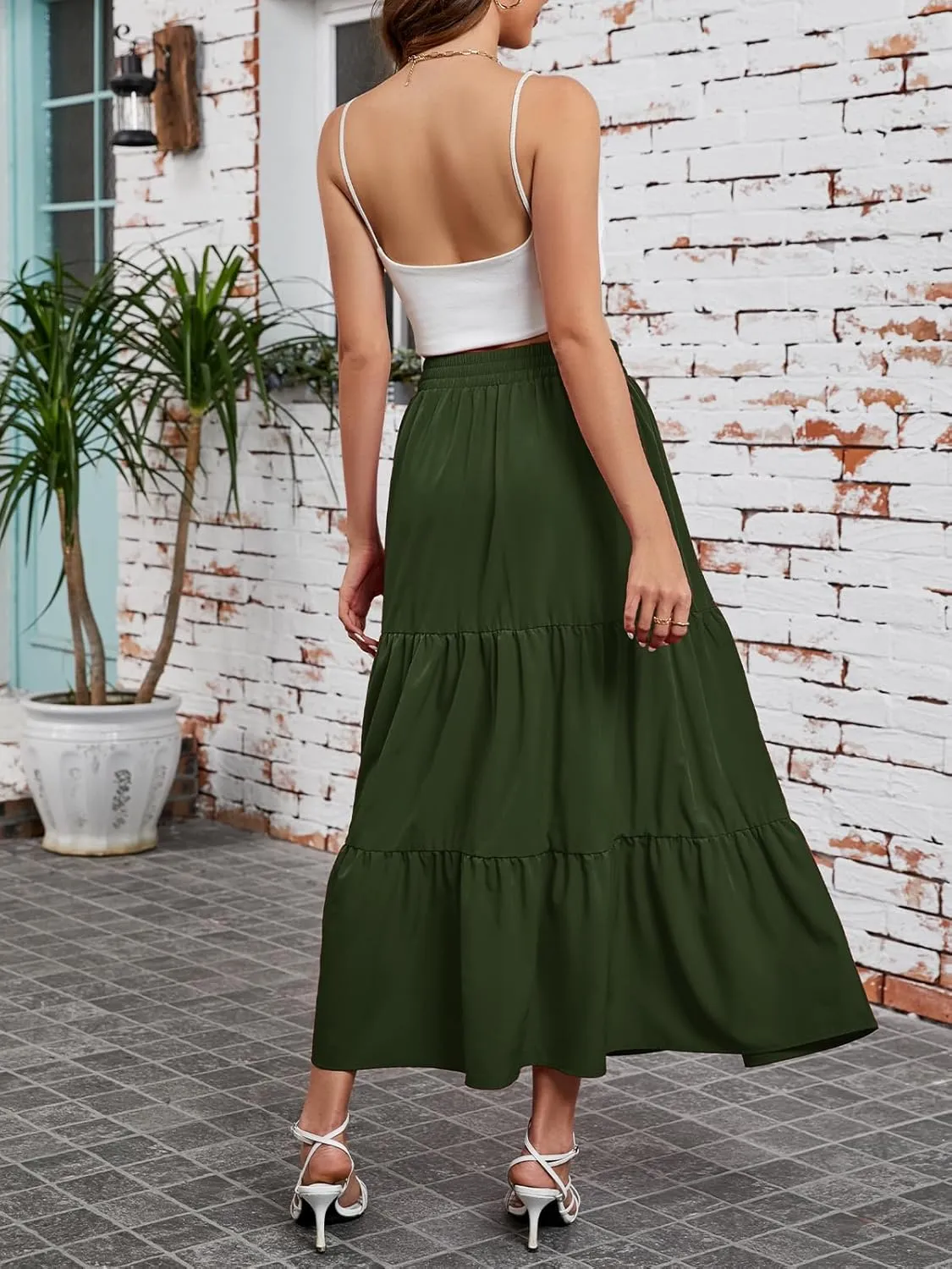 Arolina Maxi Skirt for Women Summer Boho Elastic High Waist Pleated A-Line Flowy Ruffle Swing Tiered Long Beach Skirt Dress
