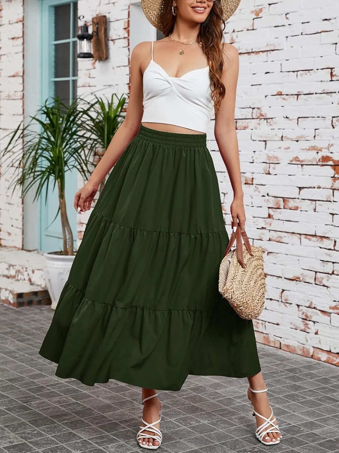 Arolina Maxi Skirt for Women Summer Boho Elastic High Waist Pleated A-Line Flowy Ruffle Swing Tiered Long Beach Skirt Dress