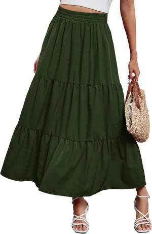 Arolina Maxi Skirt for Women Summer Boho Elastic High Waist Pleated A-Line Flowy Ruffle Swing Tiered Long Beach Skirt Dress