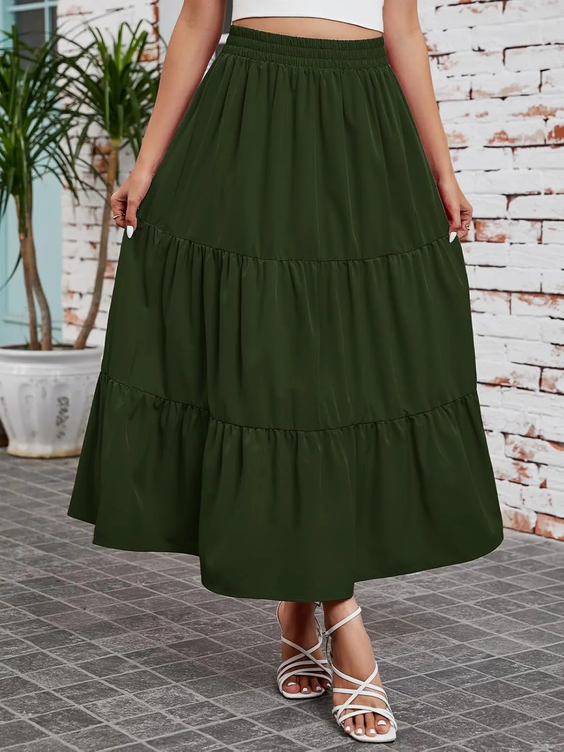 Arolina Maxi Skirt for Women Summer Boho Elastic High Waist Pleated A-Line Flowy Ruffle Swing Tiered Long Beach Skirt Dress
