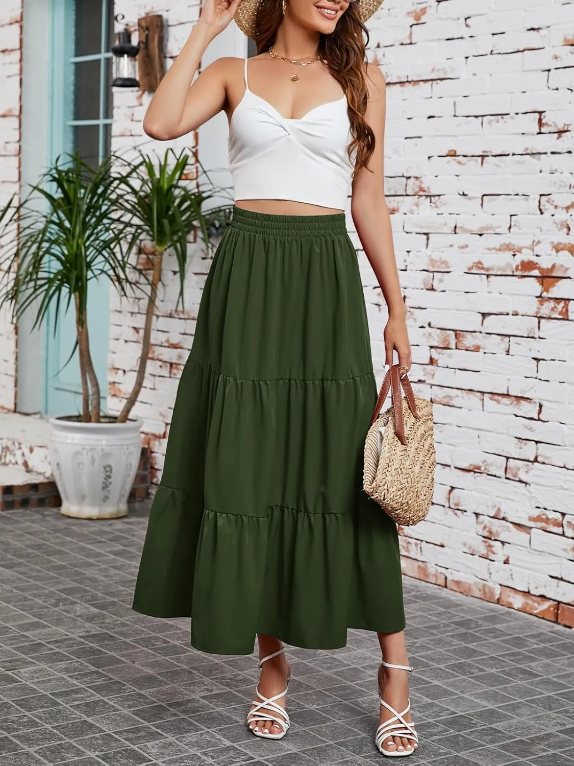 Arolina Maxi Skirt for Women Summer Boho Elastic High Waist Pleated A-Line Flowy Ruffle Swing Tiered Long Beach Skirt Dress
