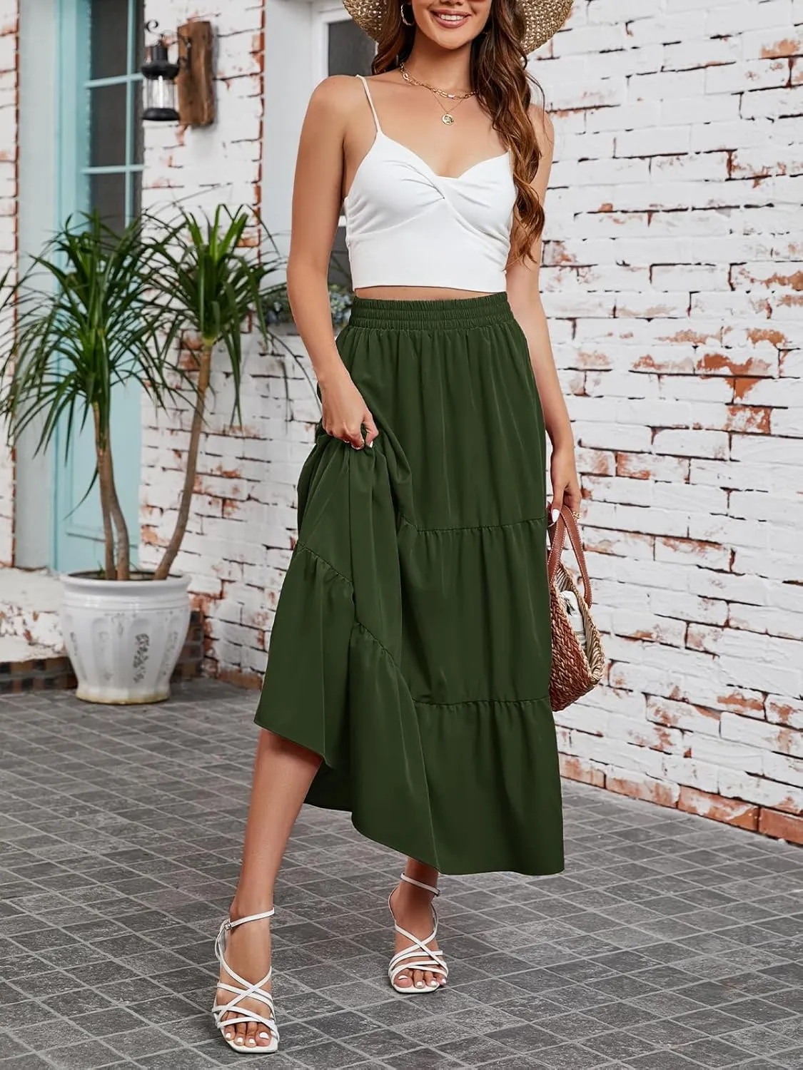 Arolina Maxi Skirt for Women Summer Boho Elastic High Waist Pleated A-Line Flowy Ruffle Swing Tiered Long Beach Skirt Dress