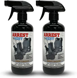 Arrest My Vest Military Grade Odor Eliminating Spray for Body Armor, Tactical Gear, and K9 Equipment. Safe on All Ballistic Vests, Fabrics, & Police Gear - Driftwood Fragrance - 2 16 oz Bottles