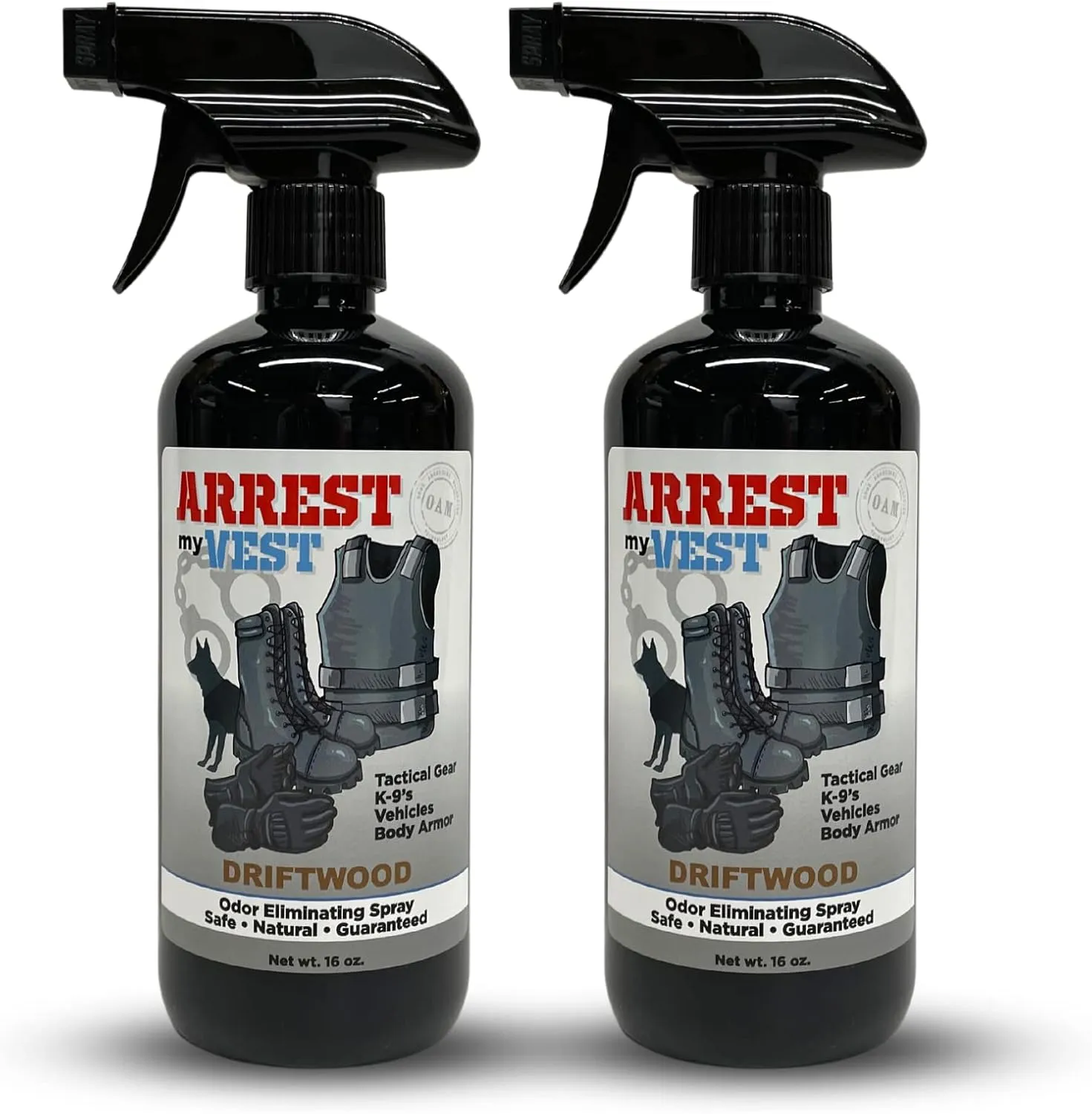 Arrest My Vest Military Grade Odor Eliminating Spray for Body Armor, Tactical Gear, and K9 Equipment. Safe on All Ballistic Vests, Fabrics, & Police Gear - Driftwood Fragrance - 2 16 oz Bottles