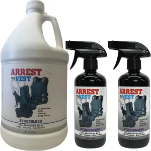 Arrest My Vest Military Grade Odor Eliminating Spray for Body Armor, Tactical Gear, and K9 Equipment. Safe on Ballistic Vests, Fabrics, & Police Gear - Stressless Fragrance 1 Gallon   2 16 oz Bottles