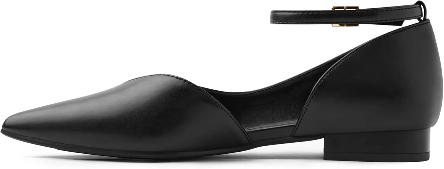 Arromic Black Flats for Women Flats with Ankle Strap Pointed Toe Dress Flat Shoes for Work Office Dressy