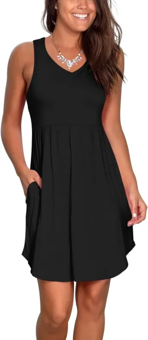 Atizon Casual Summer T Shirt Dress for Women V Neck Swing Elastic Tunic Short Sundress with Pockets