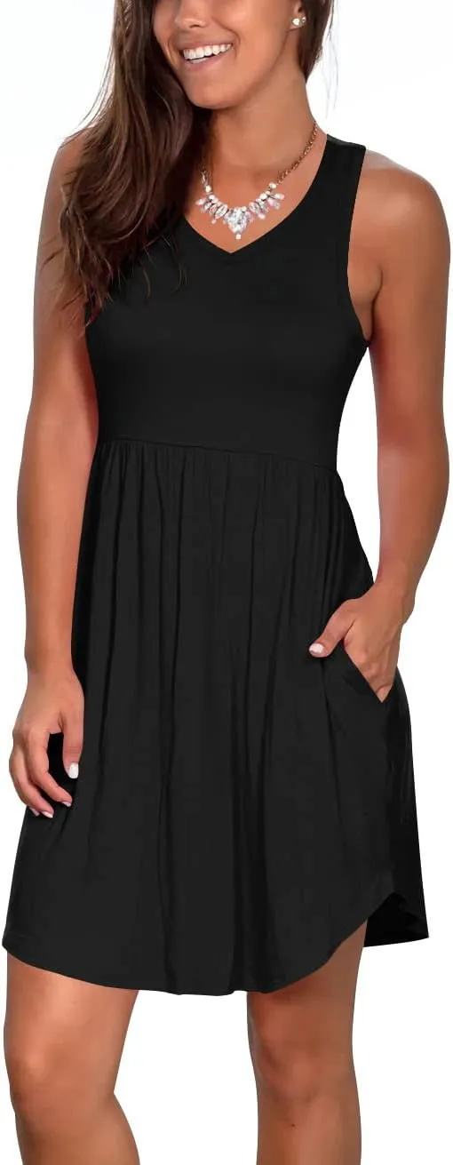Atizon Casual Summer T Shirt Dress for Women V Neck Swing Elastic Tunic Short Sundress with Pockets
