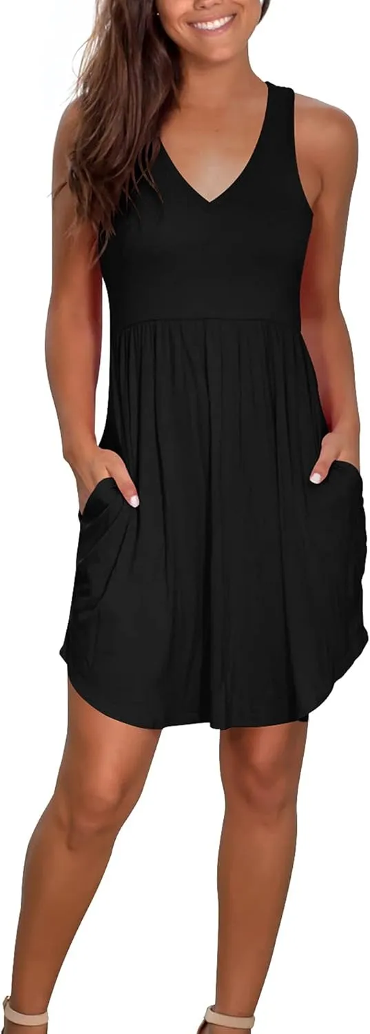 Atizon Casual Summer T Shirt Dress for Women V Neck Swing Elastic Tunic Short Sundress with Pockets
