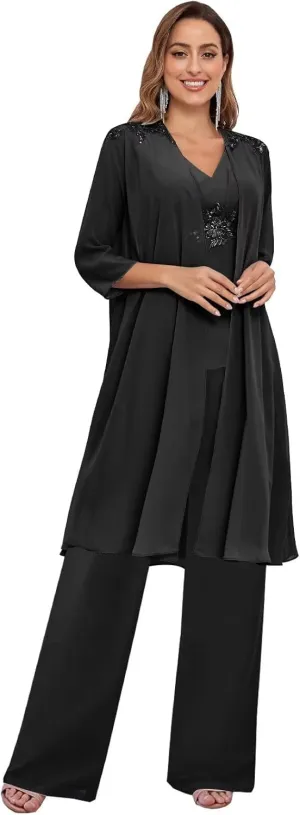BANTRATIC 3 Pieces Mother of The Bride Pantsuits with Jacket for Wedding 3/4 Sleeve Formal Evening Prom Dressy Pants Outfit