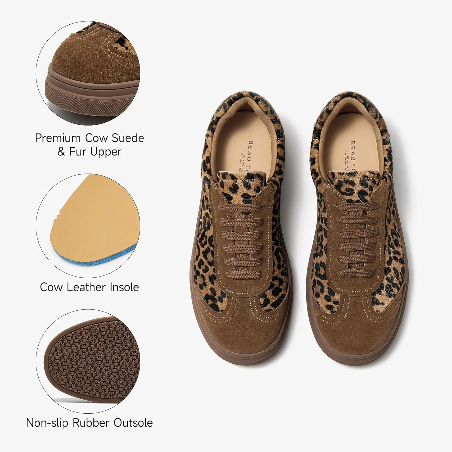 BEAU TODAY Women's Retro Fashion Sneakers, Low-Top Lace Up Leopard Sneakers for Women, Comfortable Casual Non Slip Running Walking Shoes